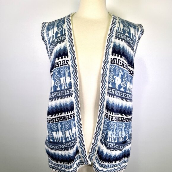 Vintage Alpaca Wool Vest Made in Peru Llama Knit Blue White Small Andean Boho - Picture 1 of 11